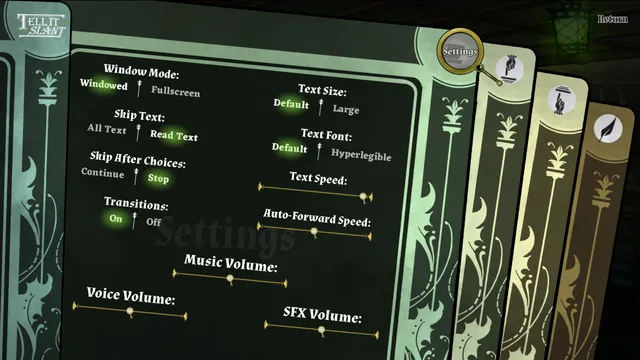 Tell It Slant settings screen: ornate green card panels with text size, font, speed and volume options