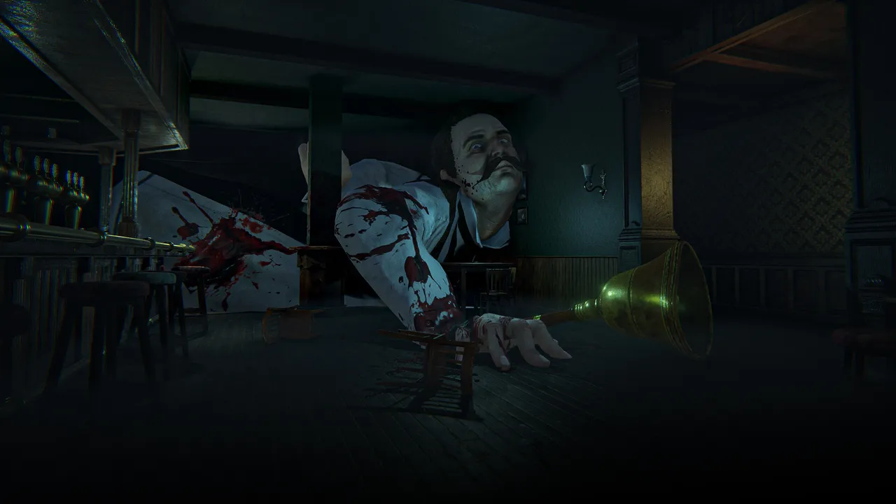 Ten Bells screenshot: a bloodied man forces his way out of the pub's wall panelling, holding a brass bell