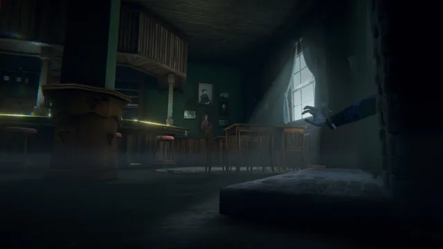 Ten Bells screenshot: a pale hand reaches out of the wall beside a bright window in a dark bar room