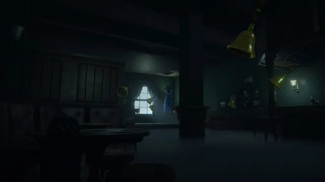 Ten Bells screenshot: brass bells hanging in mid-air in a dark room of the pub