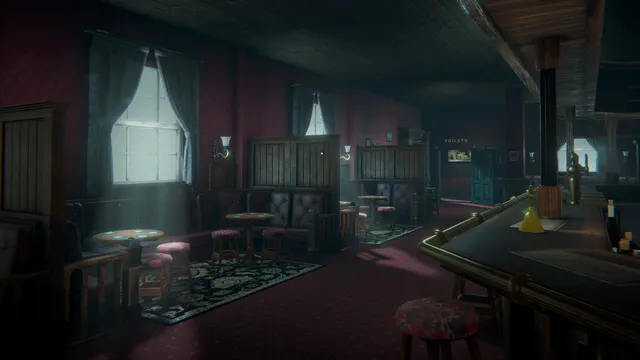 Ten Bells screenshot: the pub's lounge with red carpet, stools, booths and a long bar