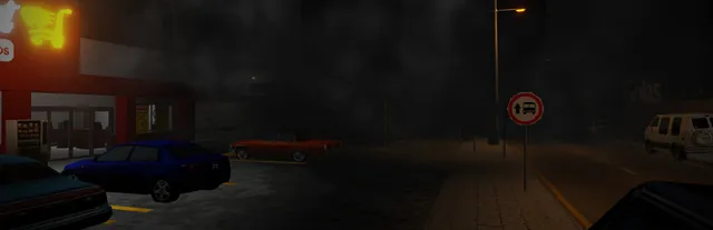 Terminal 81 key art: a supermarket's lit sign and parked cars on a dark, misty street at night
