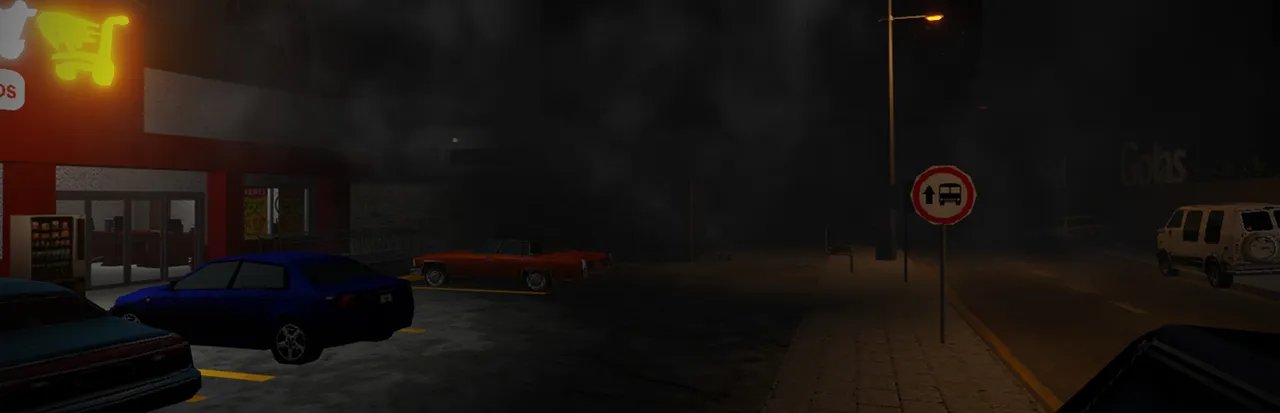 Terminal 81 key art: a supermarket's lit sign and parked cars on a dark, misty street at night