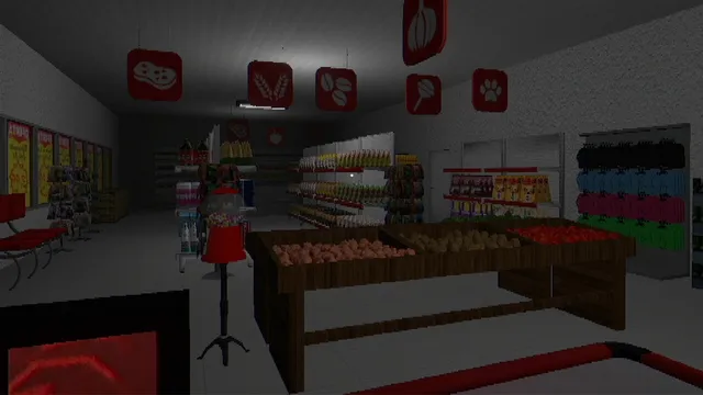 The supermarket floor with fruit crates and shelves, seen from behind the till