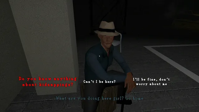 A man in a white hat sitting in a dark car park, with dialogue choices asking about the kidnappings