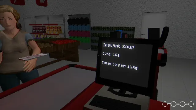 A customer at the supermarket till while the screen shows a total for instant soup