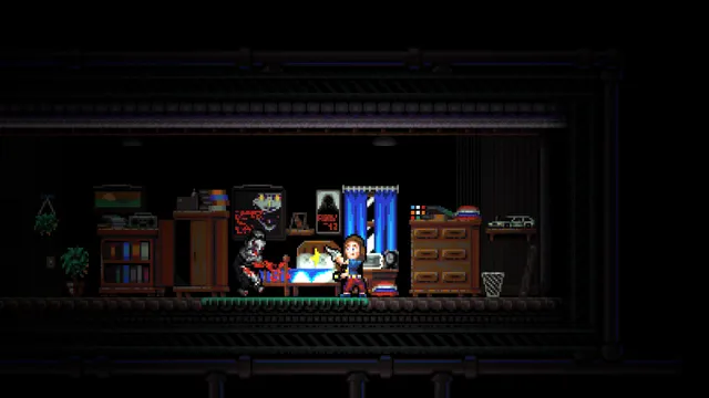 A masked killer attacking a girl in a bedroom, in pixel art