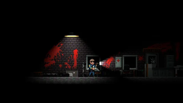 A police officer with a flashlight in a dark station, blood splashed across the wall
