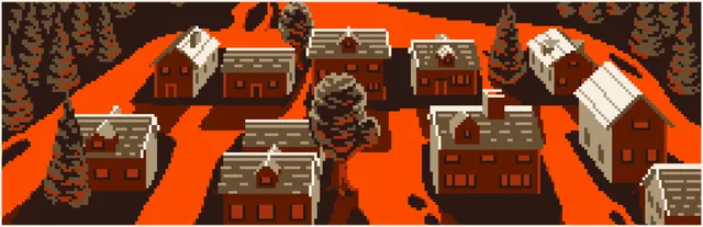 Terror At Oakheart key art: the town of Oakheart in pixel art, houses and pines on blood-orange ground