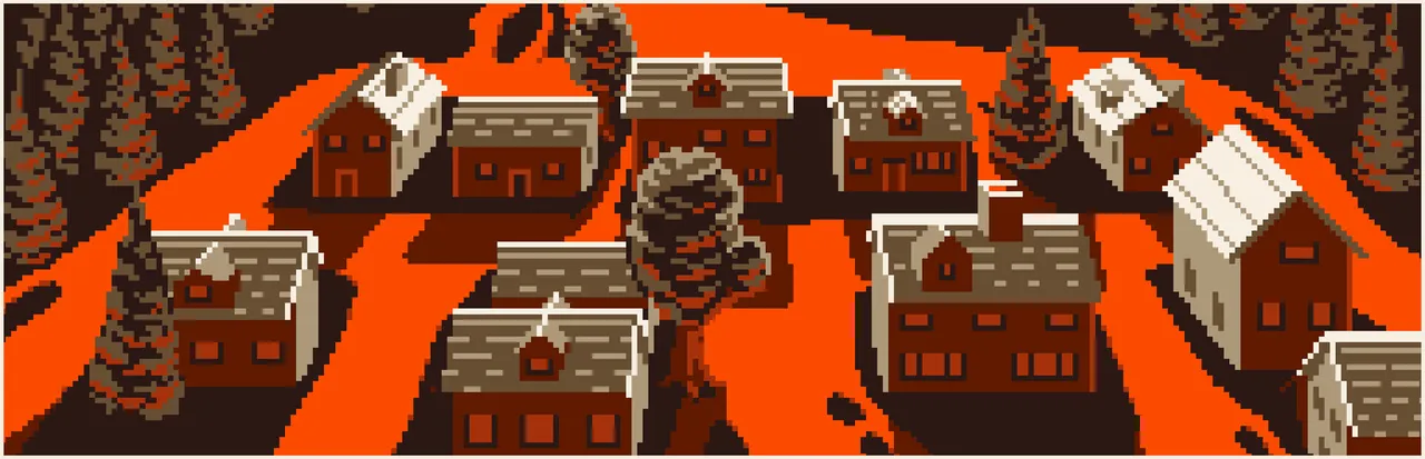 Terror At Oakheart key art: the town of Oakheart in pixel art, houses and pines on blood-orange ground