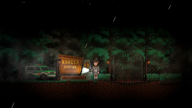 A ranger with a flashlight outside the Ranger Station sign at night in the rain