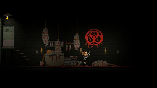 A killer in a basement with bodies hanging from the ceiling under a red painted symbol