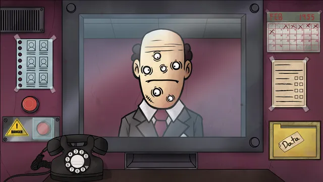 A bald visitor in a suit with extra eyes on his face waits at the doorman's window, beside the phone, tenant list and data folder
