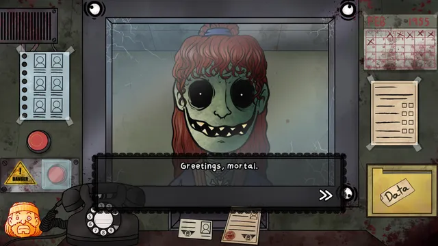 A green-skinned doppelganger with black eyes and sharp teeth at the window says Greetings, mortal