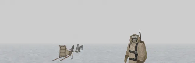 That Which Gave Chase key art: a fur-hooded figure with goggles and a rifle stands in a white arctic fog beside an empty dog sled and its team
