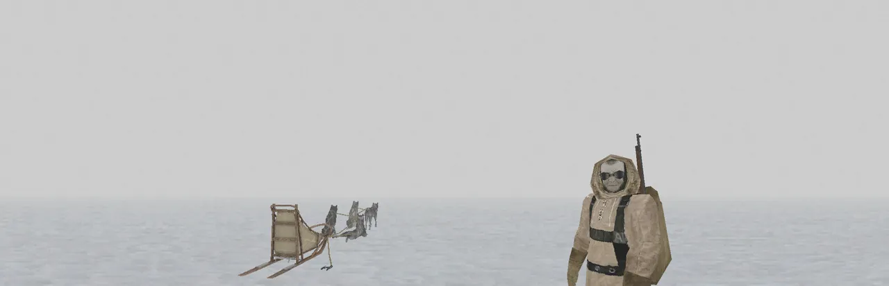 That Which Gave Chase key art: a fur-hooded figure with goggles and a rifle stands in a white arctic fog beside an empty dog sled and its team