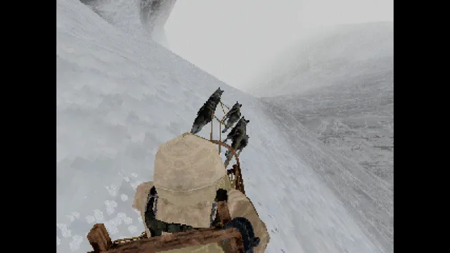 The dog team hauling the sled along a steep snowy mountainside in low-poly PS1 style