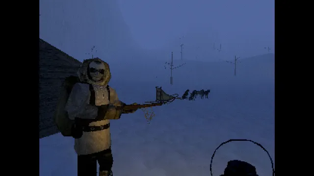 The goggled scientist in a fur parka pointing a rifle at dusk, the sled and dogs waiting by bare poles in the fog