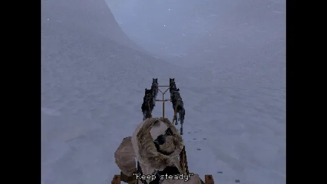 First-person view from the sled: the hooded passenger in front, four dogs pulling across a snowy slope, subtitle Keep steady