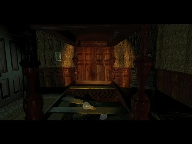 The 11th Hour screenshot: a bookshelf of red and green books between two bloodied skulls, a skeletal hand resting on one