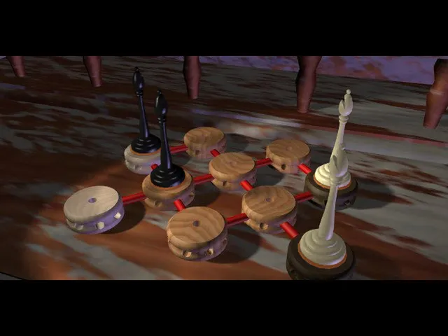 The 11th Hour screenshot: a board puzzle of wooden discs joined by red lines with black and white pieces on a stained table