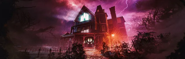 The 7th Guest Remake key art: Stauf's Victorian mansion lit from inside under a purple, stormy sky with lightning