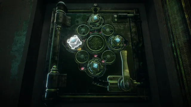 A wall puzzle of brass rings, gears and blue gems in a dark wooden frame