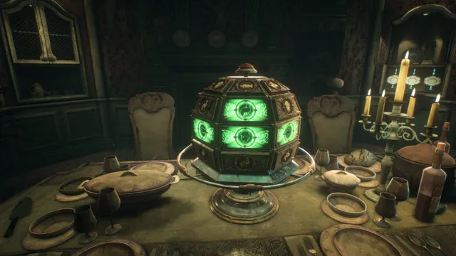 A glowing green puzzle box sits among plates and candles on the mansion's dining table