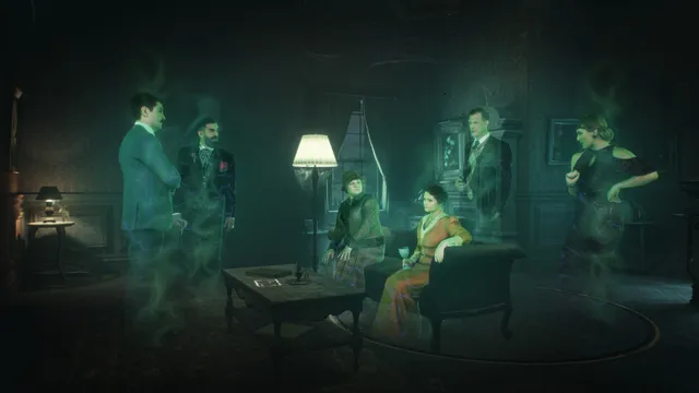 Ghostly live-action guests in period clothes gather in a dim sitting room, wrapped in green mist
