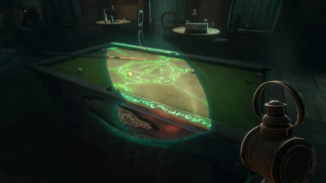The player's lantern reveals glowing green symbols drawn across a billiard table