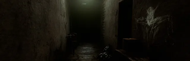 The Alien Cube key art: a dark, damp corridor with a pale chalk drawing on the wall