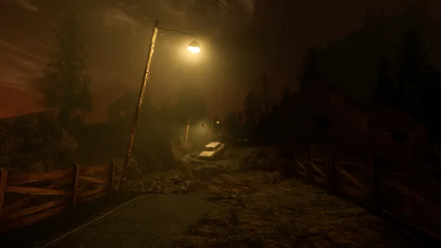 A night road under a leaning street lamp, a car stopped by a barn