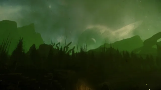 A sickly green sky with a ringed planet above black trees and twisted shapes