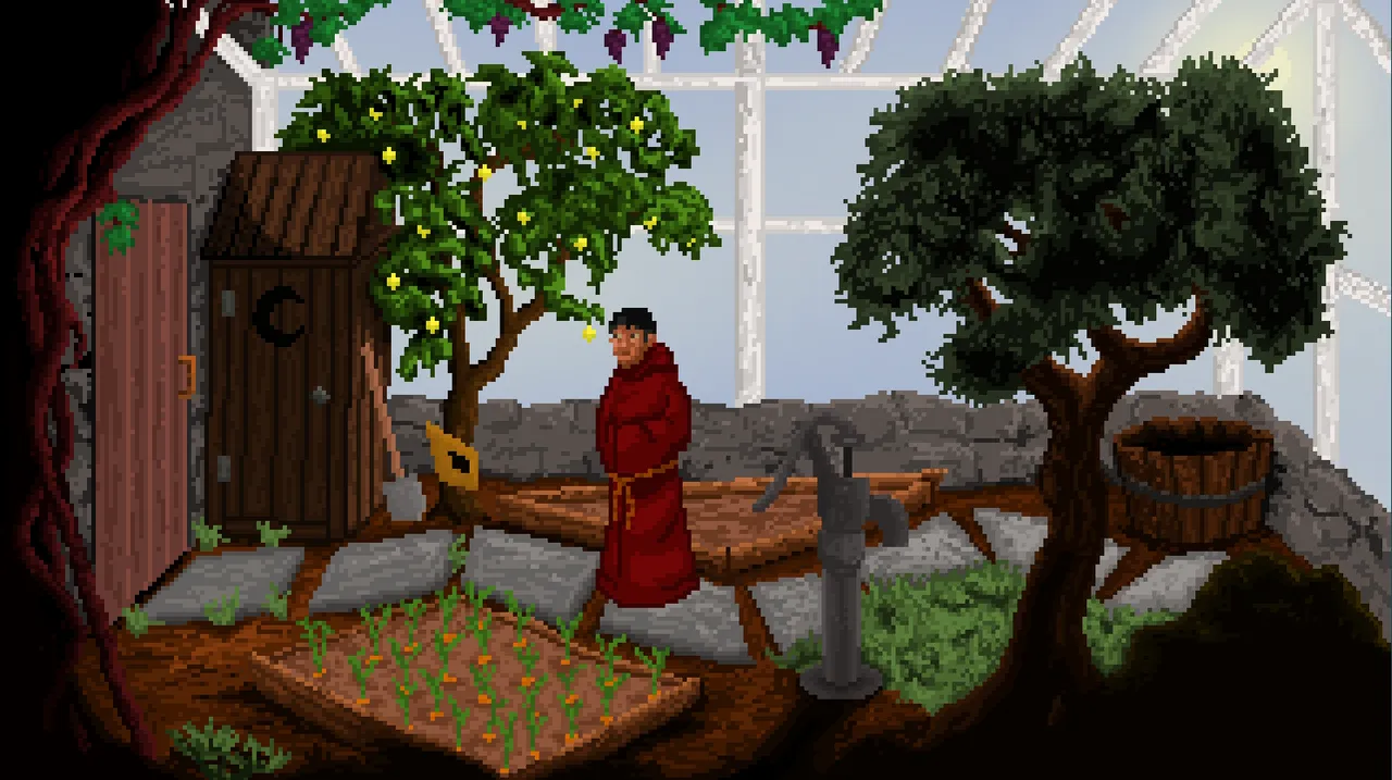 The Anchorite screenshot: the robed Anchorite in a walled garden under glass with fruit trees, a water pump and an outhouse