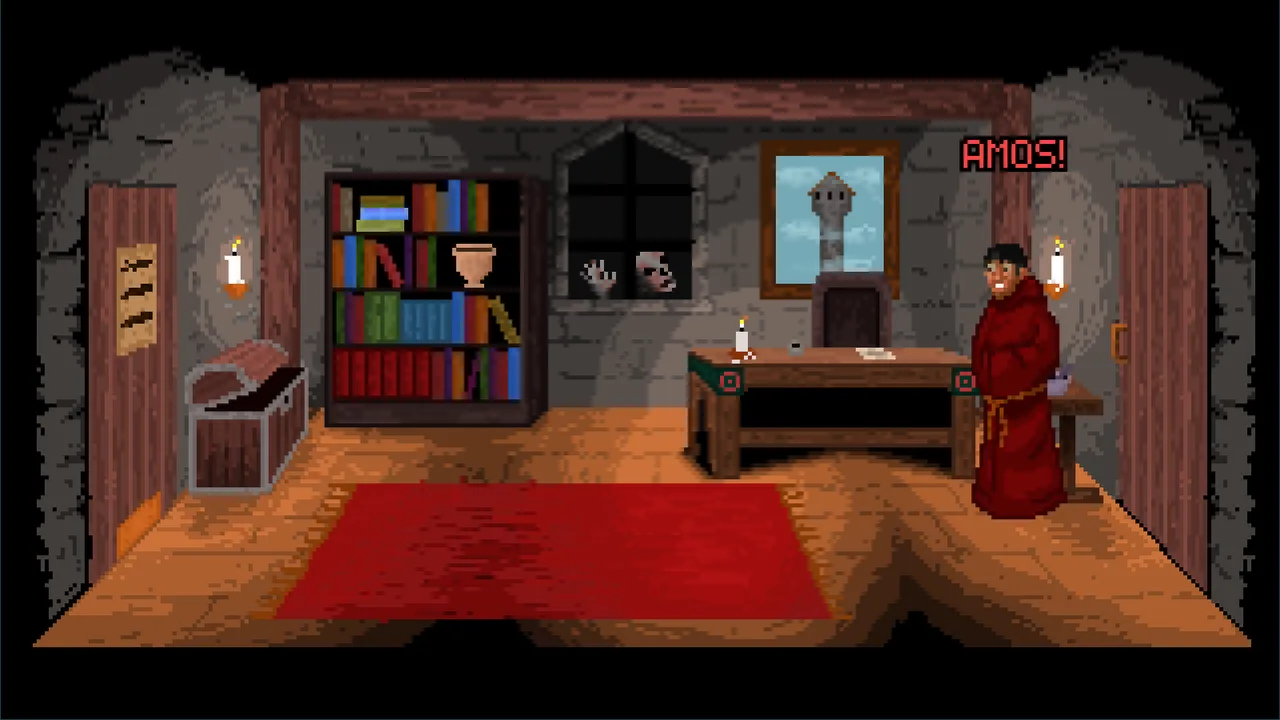 The Anchorite screenshot: a pale face and hands pressed to the dark window of the study while someone calls AMOS