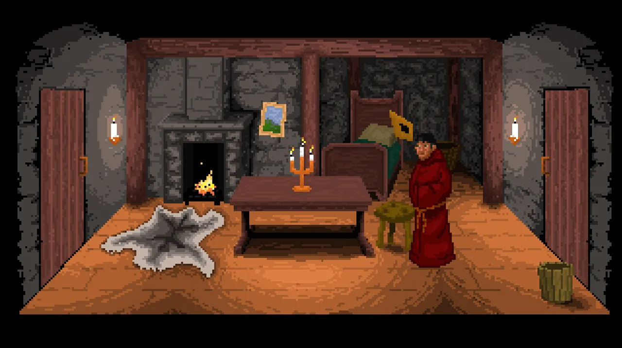 The Anchorite screenshot: a stone bedroom with a lit fireplace, fur rug and candlelit table