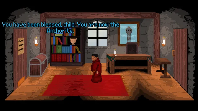 The Anchorite screenshot: a pixel-art tower study with bookshelf and desk, a robed boy on a red rug told You have been blessed, child. You are now the Anchorite