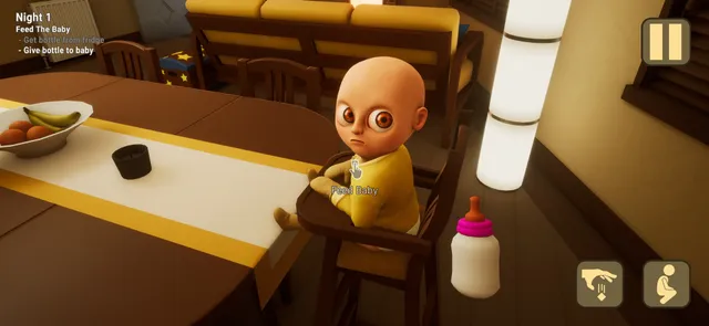 The Baby In Yellow screenshot: the baby sits in a high chair at a table with a bottle in front of him, on Night 1