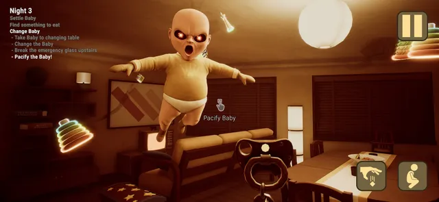 The Baby In Yellow screenshot: the baby floats in the air above a living room, screaming, with the Night 3 chore list on screen