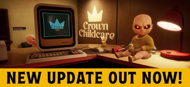 The Baby In Yellow store image: the baby in a yellow onesie, with glowing red eyes, sits on a desk under a lamp beside a Crown Childcare sign