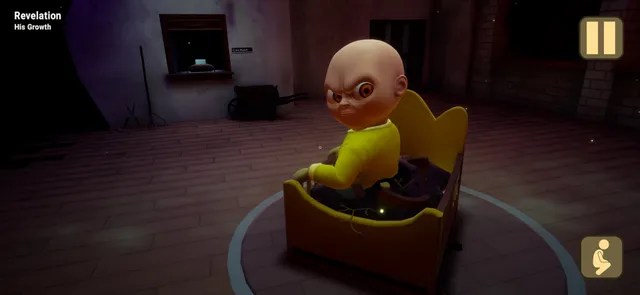 The Baby In Yellow screenshot: the baby glares from a cot in a dark, bare room