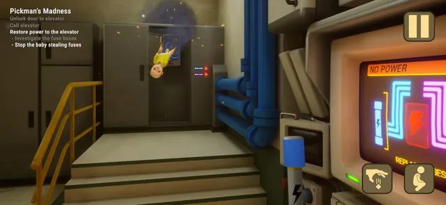 The Baby In Yellow screenshot: the baby floats near a power panel reading No Power in a dark machine room