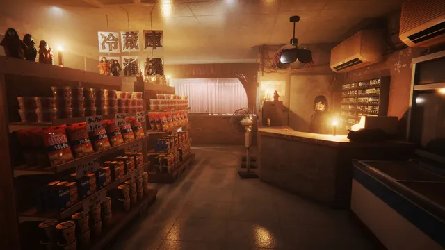 A cluttered little shop in warm light, shelves of snacks, dolls on a high shelf and a woman behind the counter