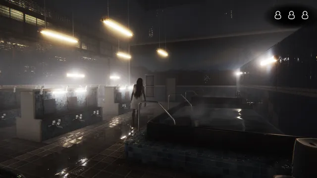 A long-haired woman in white stands by the steaming bath in the tiled bathhouse