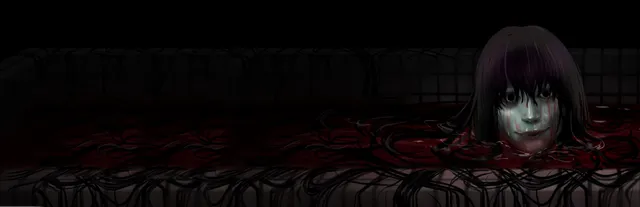 The Bathhouse key art: the pale face of a long-haired woman rising from a bath of black hair and red water