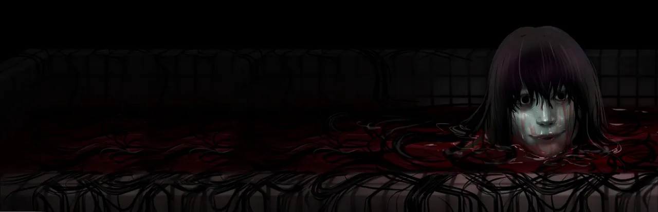 The Bathhouse key art: the pale face of a long-haired woman rising from a bath of black hair and red water
