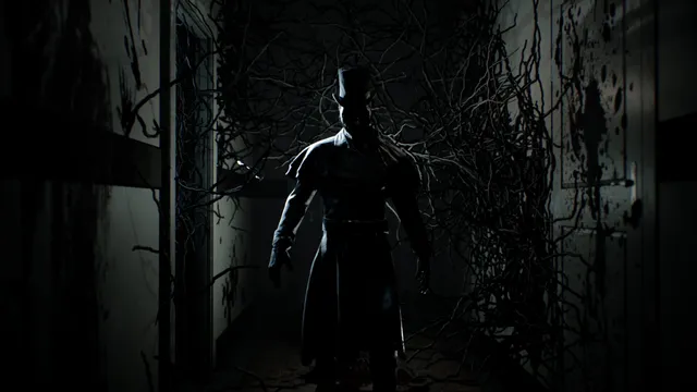 The Beast Inside screenshot: a top-hatted silhouette in a doorway overgrown with black roots