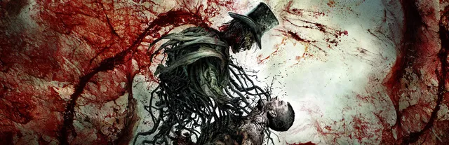 The Beast Inside key art: a top-hatted figure made of tangled roots and blood holding a man