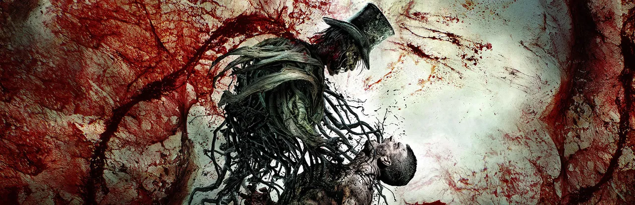 The Beast Inside key art: a top-hatted figure made of tangled roots and blood holding a man
