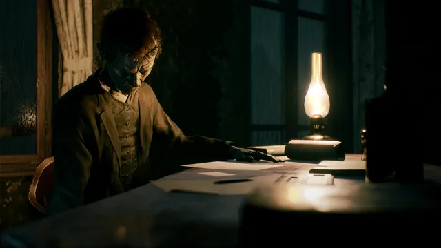 The Beast Inside screenshot: an older man writing by an oil lamp at a desk at night